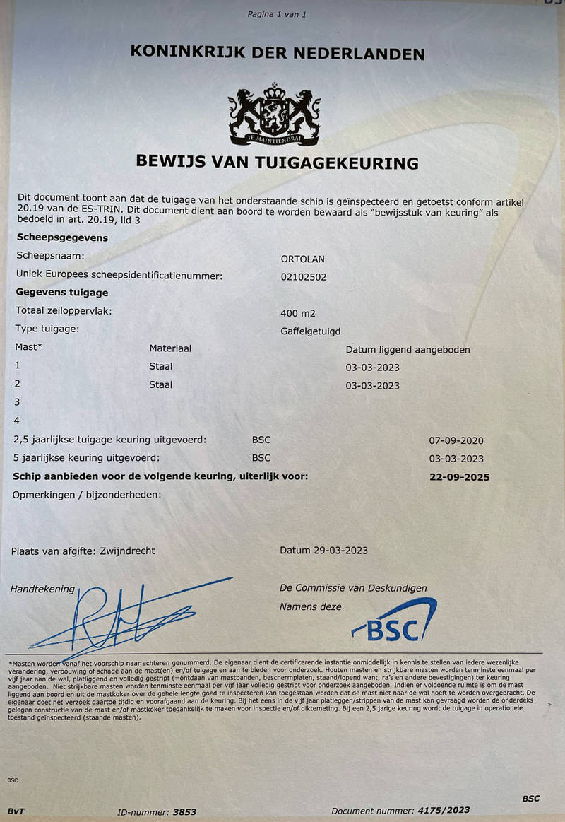 Ortolan - Zertifikat Mast und Takelage